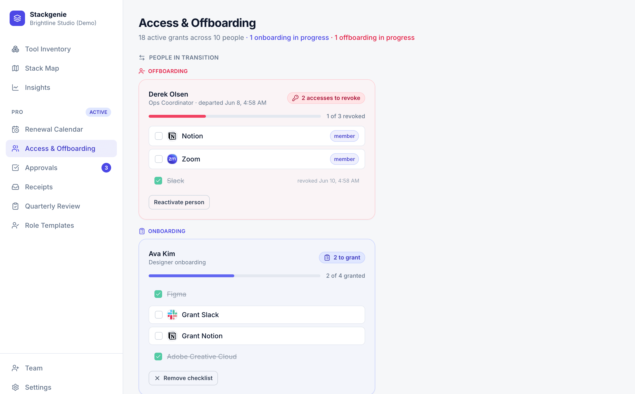 Access and offboarding for the sample company: an offboarding checklist for a departed person and an onboarding checklist in progress. Sample data.